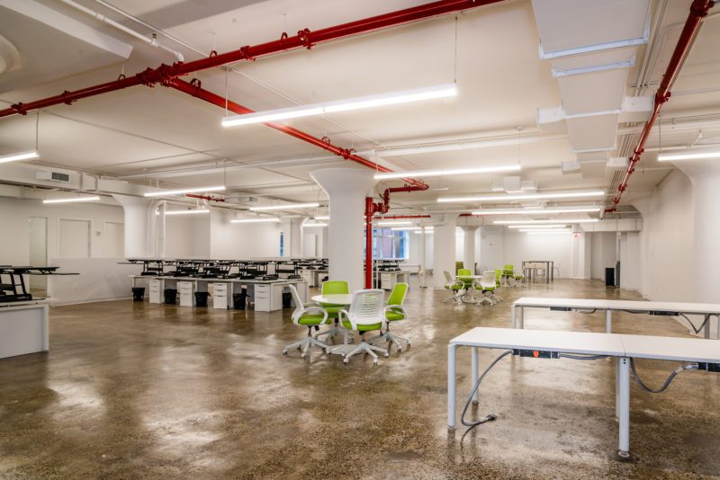 Fully open office layout with continuous desking and no partitions. Source: Blueberry Builders