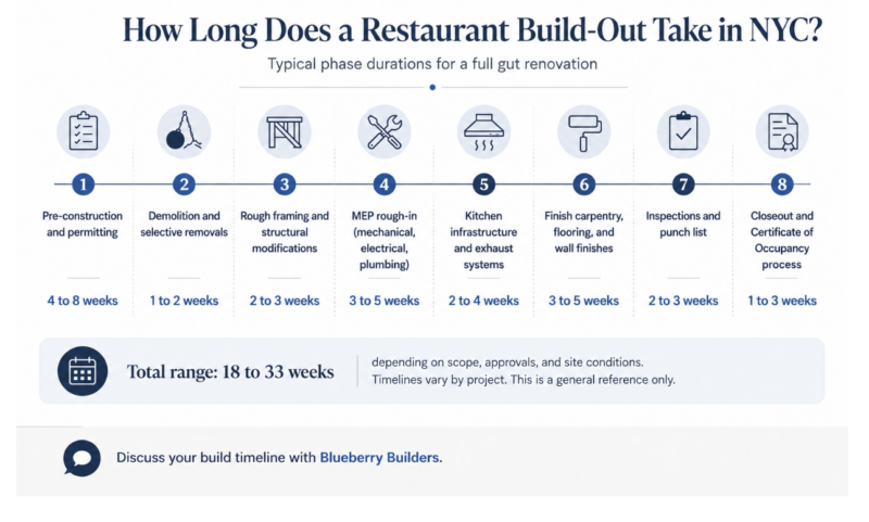 Infographic showing NYC restaurant construction timeline from pre-construction through certificate of occupancy Source: Blueberry Builders