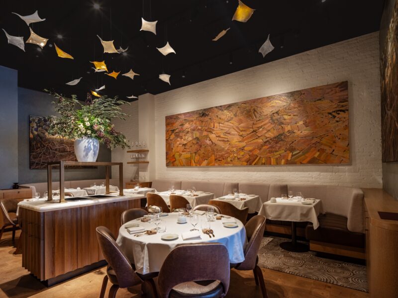 Finished dining room interior at Saint Urban restaurant in the Flatiron District, New York, completed by Blueberry Builders