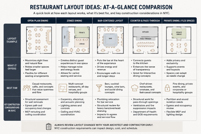 Comparison diagram of restaurant design layout ideas, including open-plan dining, zoned dining, bar-centered layout, counter and pass-through configuration, and private dining or flex space. Source: Blueberry Builders