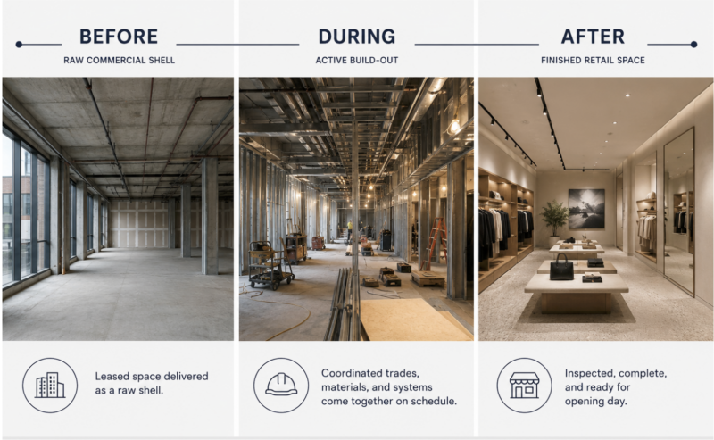 Before, during, and after infographic showing a raw commercial shell, an active retail build-out, and a finished retail space ready for opening day. Source: Blueberry Builders]
