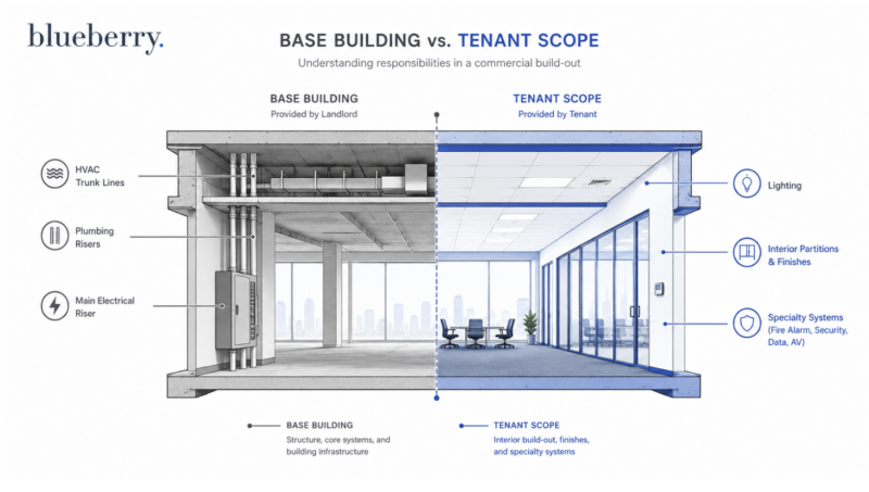 Diagram of commercial space showing structural base building layer versus tenant improvement scope. Source: Blueberry Builders.