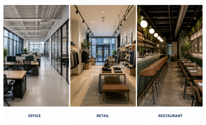 Three types of commercial interior buildouts in NYC showing office, retail, and restaurant spaces side by side. Source: Blueberry Builders