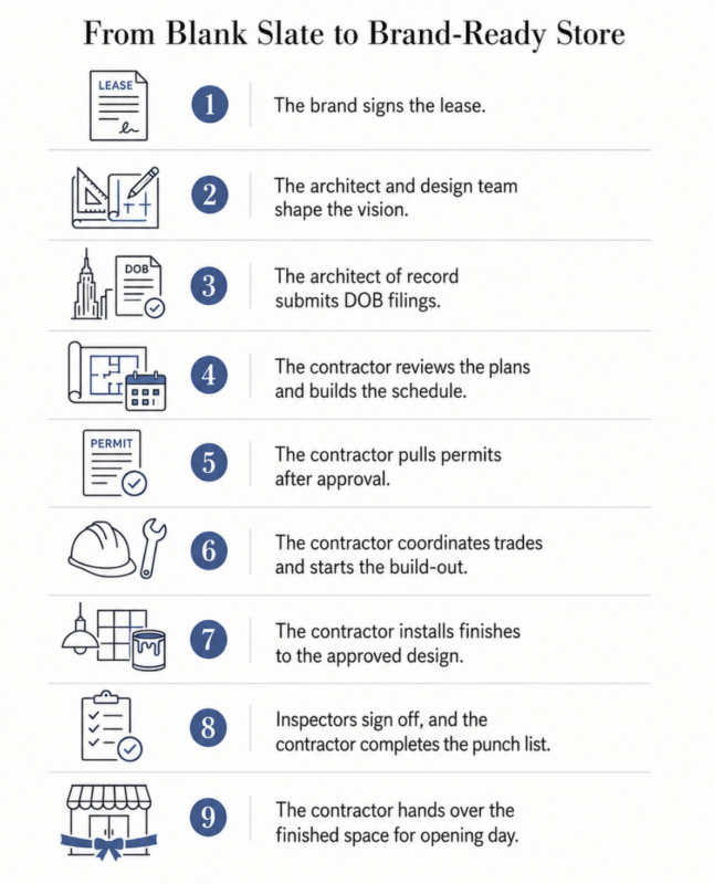 Infographic showing the nine steps of commercial retail construction in NYC, from lease signing and design through DOB filings, permits, construction, inspections, punch list, and store handover. Source: Blueberry Builders]